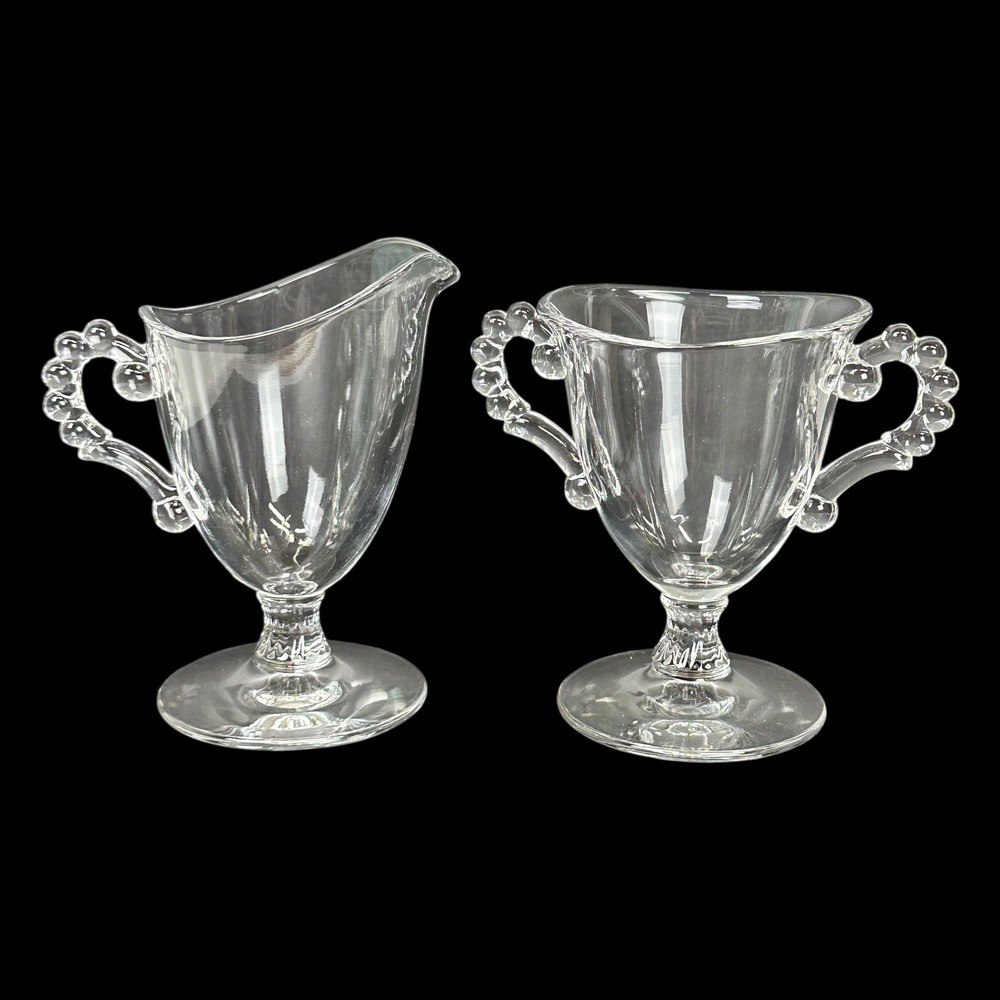Imperial Candlewick Tall Glass Creamer Sugar Set Beaded Handles Footed Pedestal‎